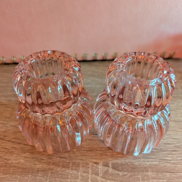 Pink Ribbed Glass Candle Holders - Picture 6 of 7